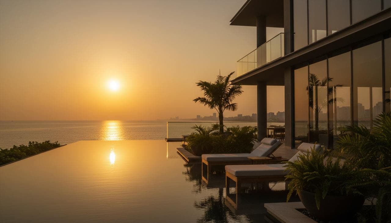 Infinity pool terrace at sunset overlooking the Gulf of Thailand