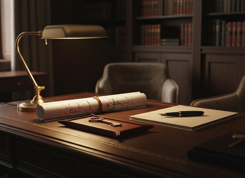 Architectural drawings, a brass key and a document folder on a dark desk