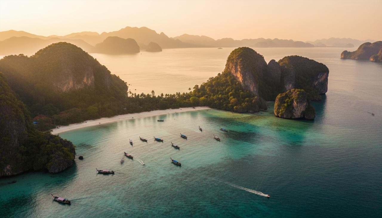 Aerial view of a tropical Thai coastline at golden hour